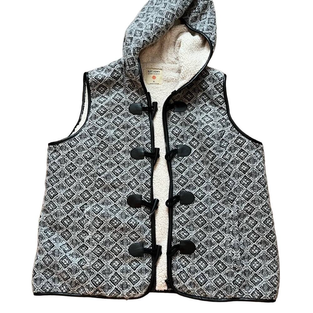 Ruff Hewn Sherpa Lined Hooded Fleece Vest Leather Pipping  Black-XL
